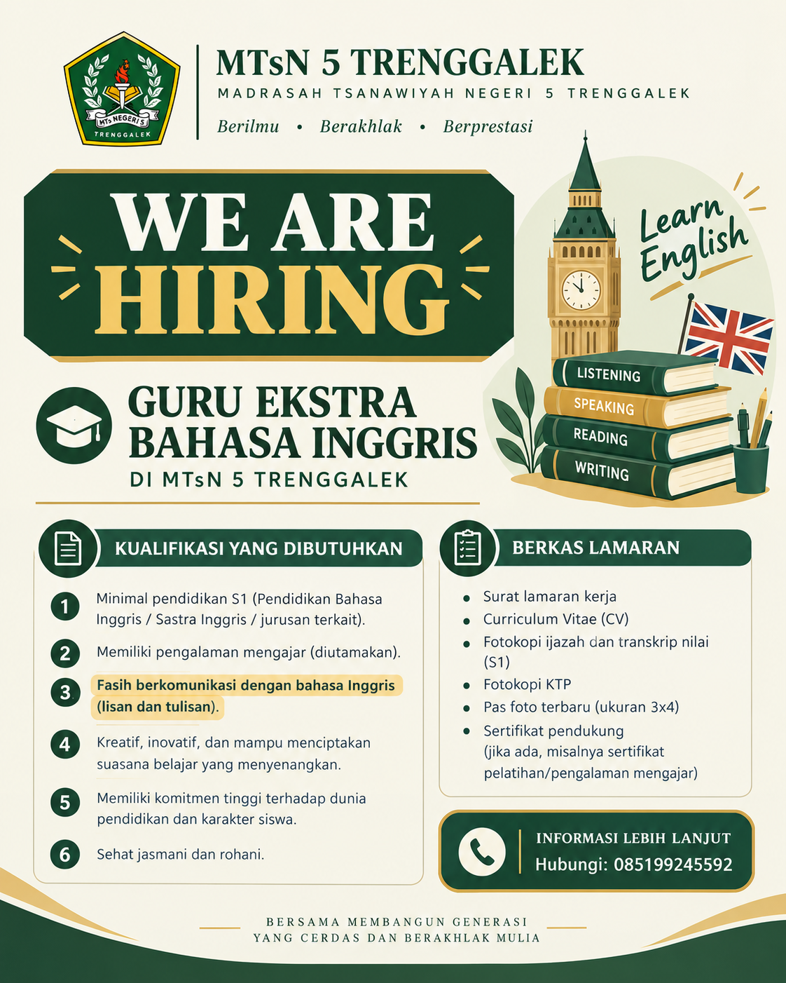 MTs Negeri 5 Trenggalek Buka Rekrutmen Guru Ekstra Bahasa Inggris untuk Kelas Akademik 2026